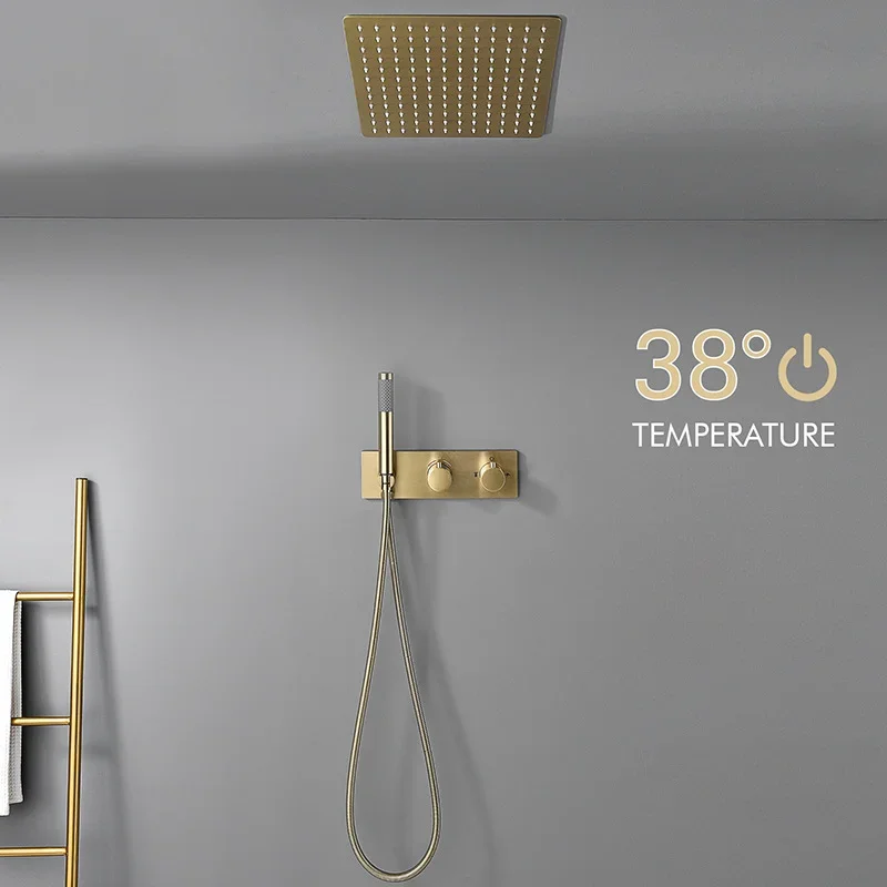 Concealed Thermostatic Shower System Set - Brushed Gold Dual Function In-Wall Bathroom