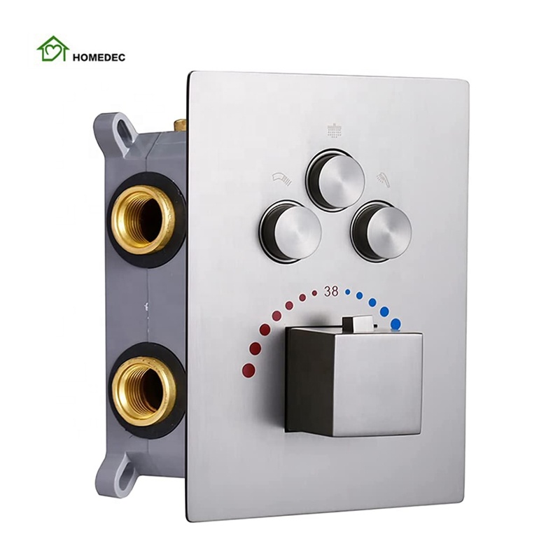 Thermostatic Shower Faucet Valve 3 Way - Bathroom Wall Mounted Push Button Concealed