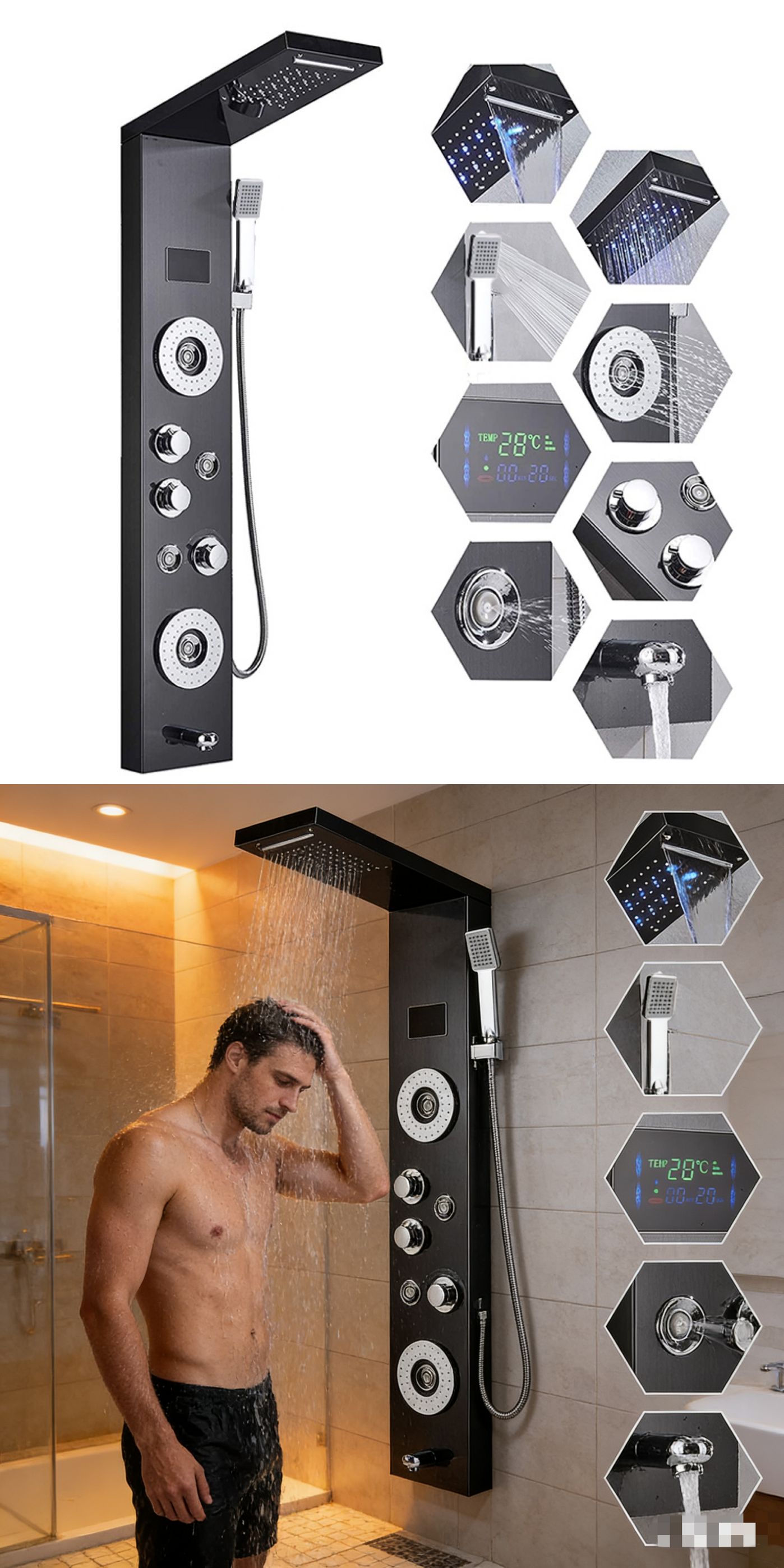 LED Digital Display Shower Pan - Led Rainfall Shower Head Waterfall recension och pris